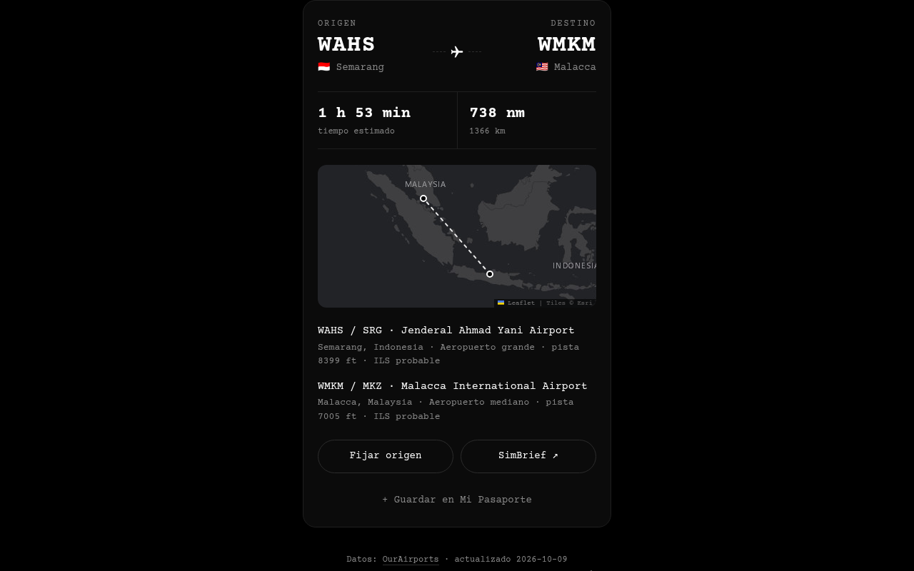 Tarjeta de resultado de Squawk con origen, destino, tiempo, distancia y mapa