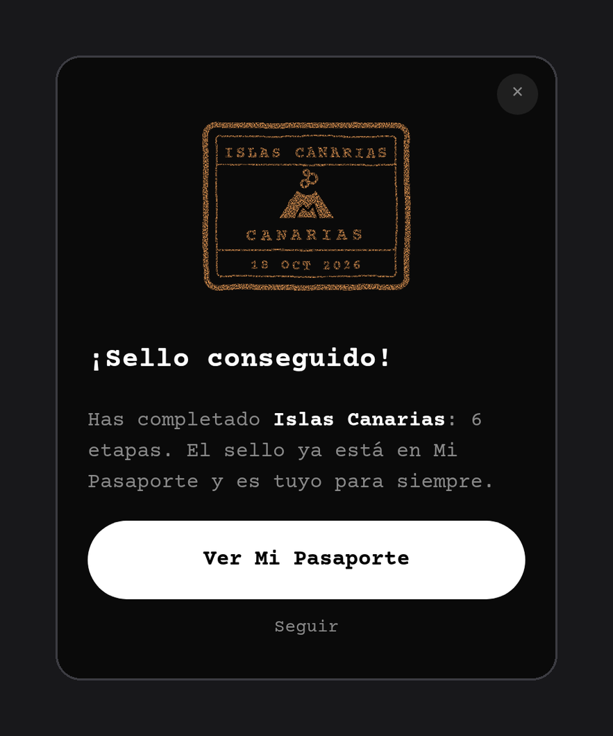 Aviso de sello conseguido al completar el tour Islas Canarias en Squawk