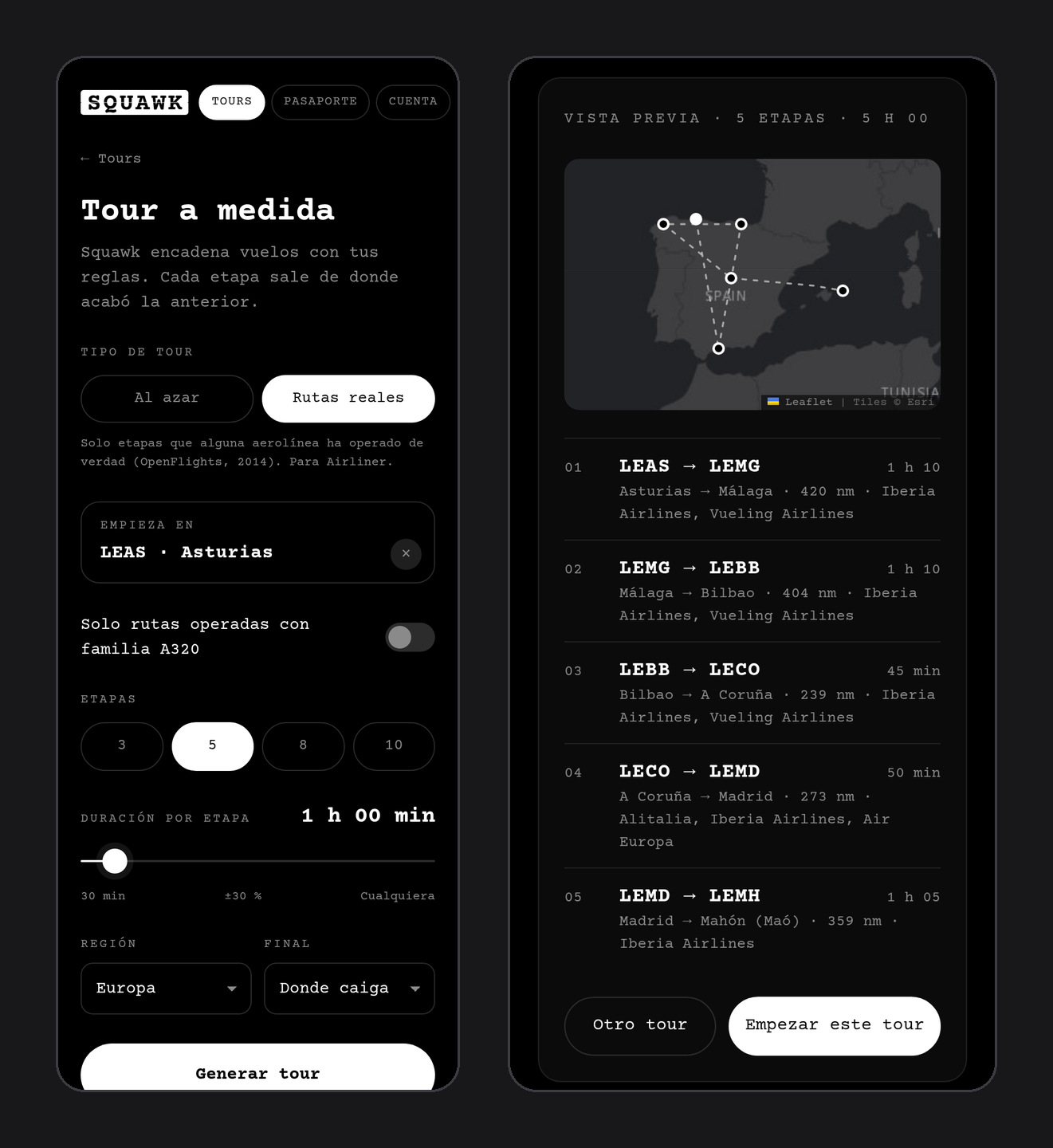 Tour a medida de Squawk en modo Rutas reales, con la vista previa de cinco etapas desde Asturias