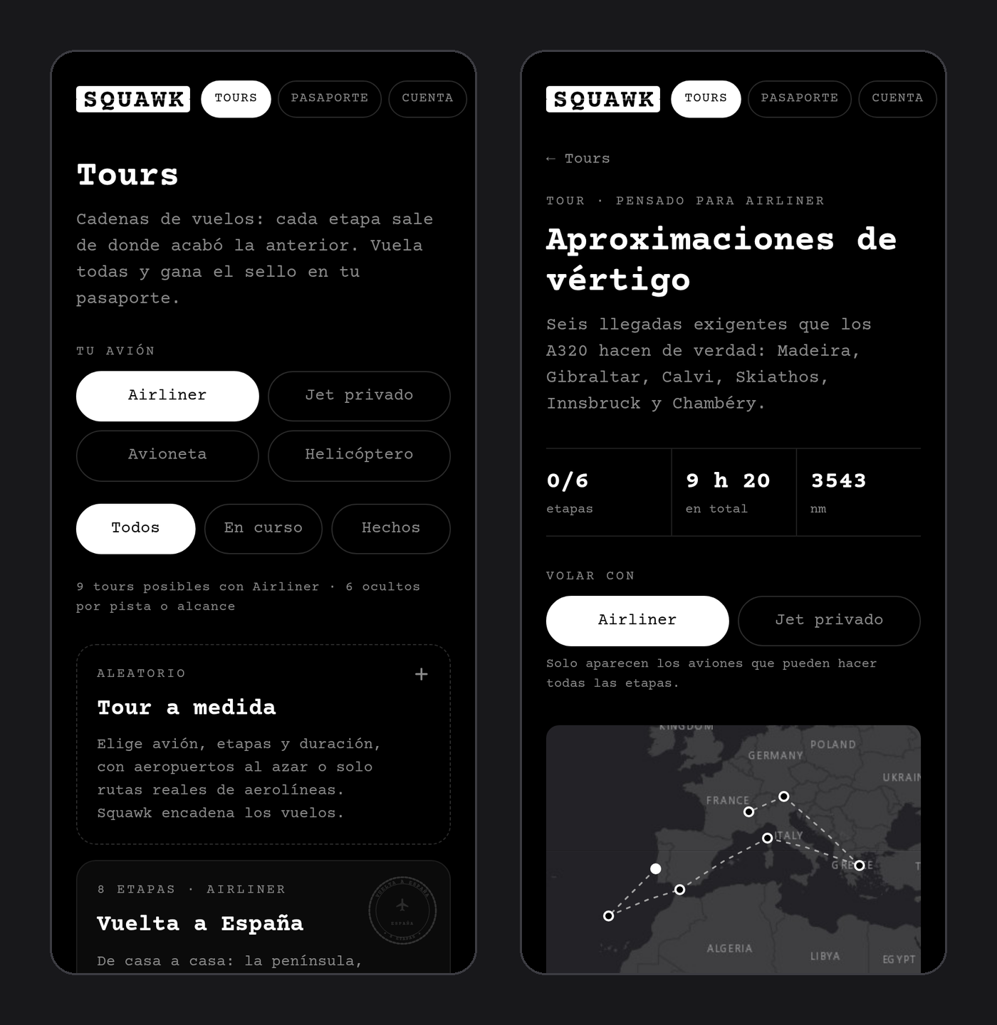 Lista de Tours de Squawk con el filtro Tu avión y detalle del tour Aproximaciones de vértigo